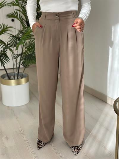 Massi Beli Lastikli Önü Pensli Krep Kumaş Pantolon Vizon