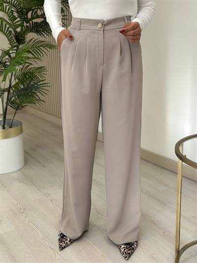 Massi Beli Lastikli Önü Pensli Krep Kumaş Pantolon Bej