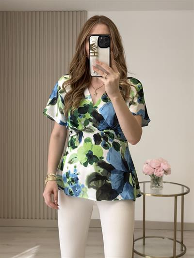 Mavi Çiçek Desenli Pamuk Saten Bluz 