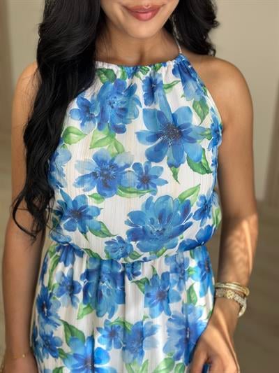 Mavi Çiçek Desenli Şifon Halter Yaka Elbise