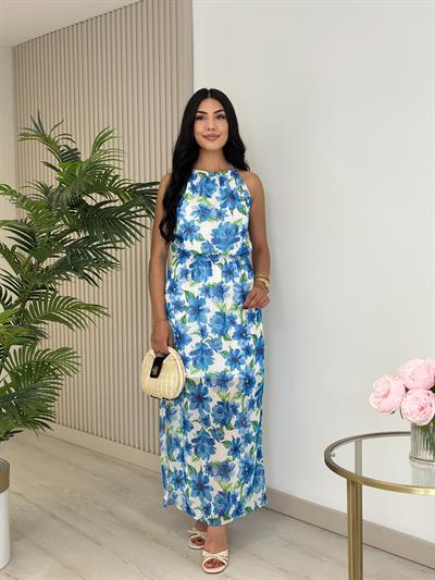 Mavi Çiçek Desenli Şifon Halter Yaka Elbise