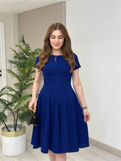 Mavi Kısa Kol Midi Boy Kloş Elbise 