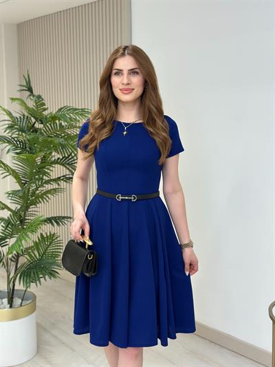 Mavi Kısa Kol Midi Boy Kloş Elbise 