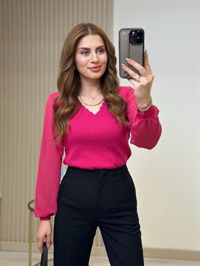 Merdiven Yaka Şifon Kol Özel Seri Elit Triko Fuşya