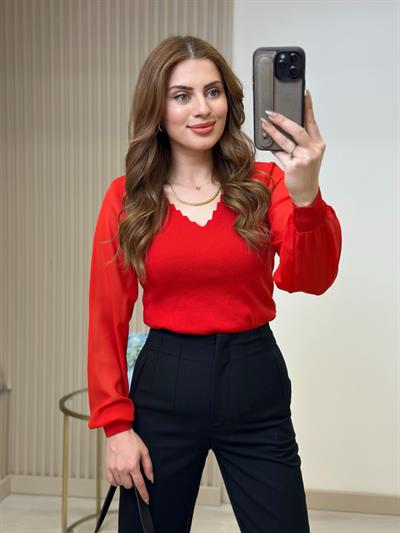 Merdiven Yaka Şifon Kol Özel Seri Elit Triko Kırmızı