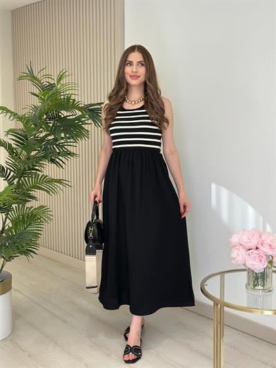 Merserize Detaylı Mevsimlik Çizgili Elbise Siyah