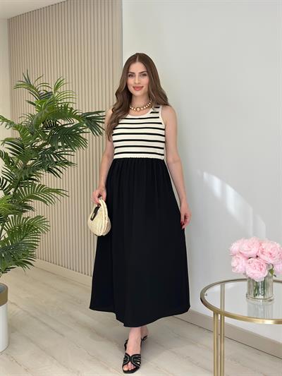 Merserize Detaylı Mevsimlik Çizgili Elbise Ekru 