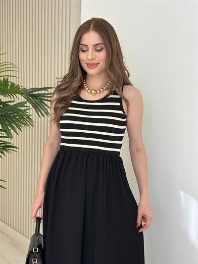 Merserize Detaylı Mevsimlik Çizgili Elbise Siyah