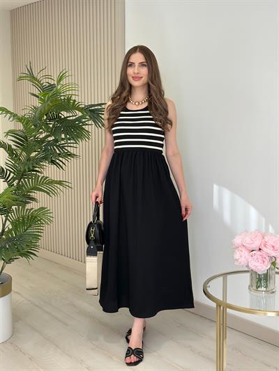 Merserize Detaylı Mevsimlik Çizgili Elbise Siyah