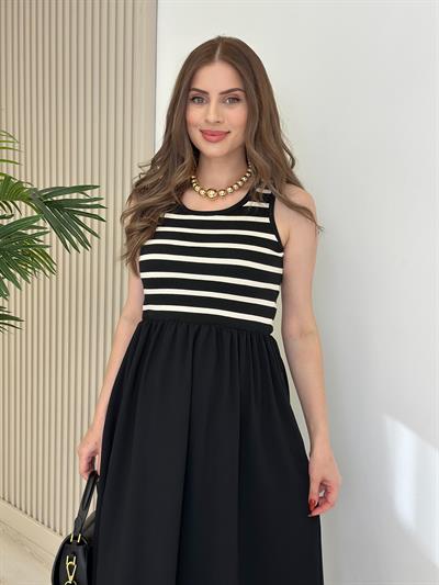 Merserize Detaylı Mevsimlik Çizgili Elbise Siyah