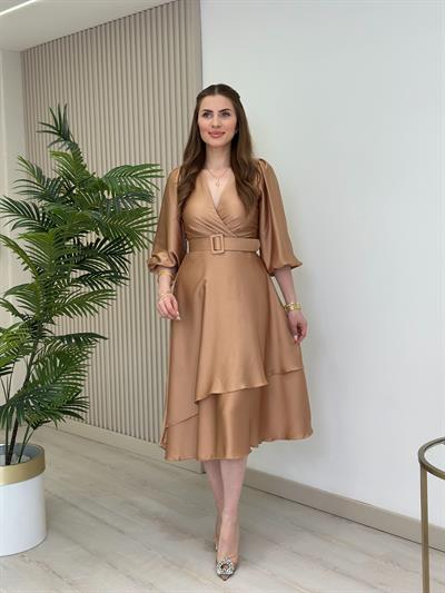 Milas Saten Kemerli Elbise Bronz