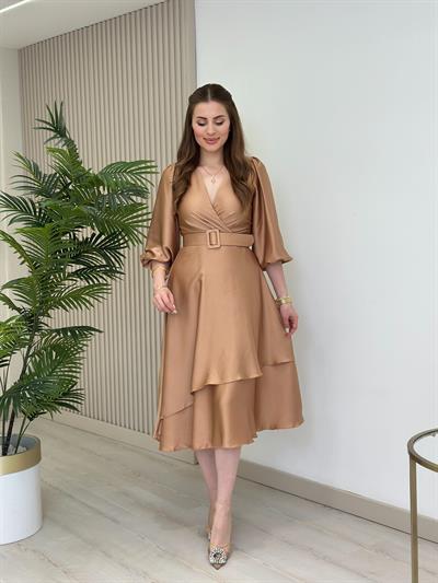 Milas Saten Kemerli Elbise Bronz