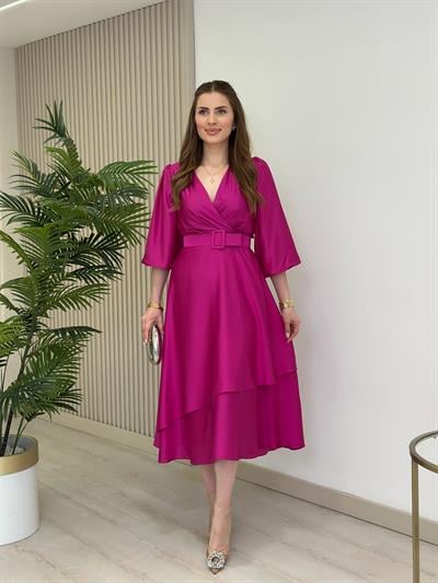 Milas Saten Kemerli Elbise Fuşya
