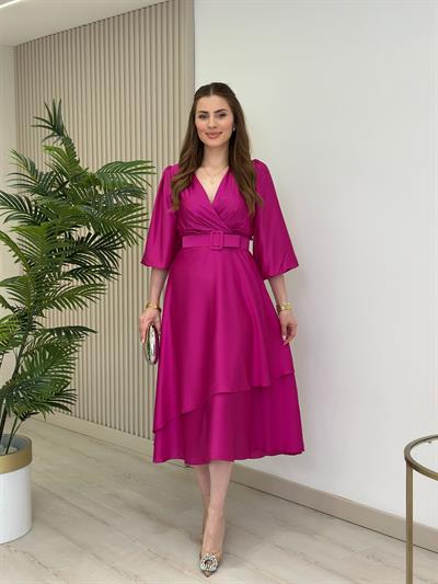 Milas Saten Kemerli Elbise Fuşya