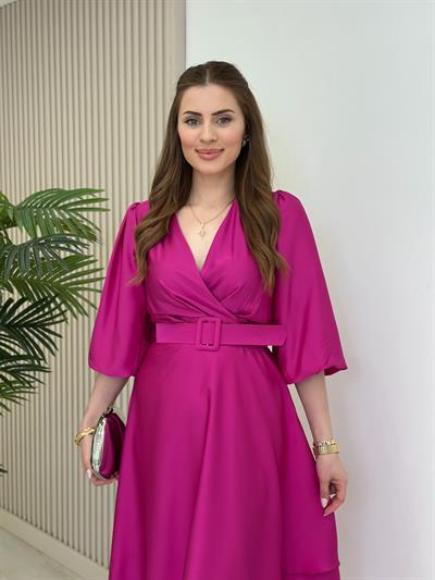 Milas Saten Kemerli Elbise Fuşya