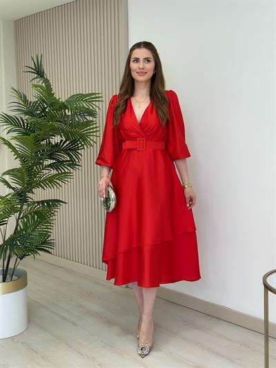 Milas Saten Kemerli Elbise Kırmızı