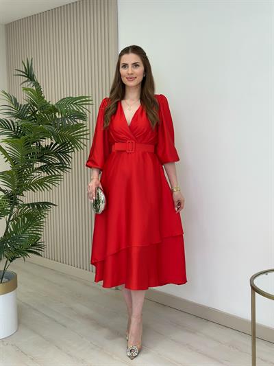 Milas Saten Kemerli Elbise Kırmızı
