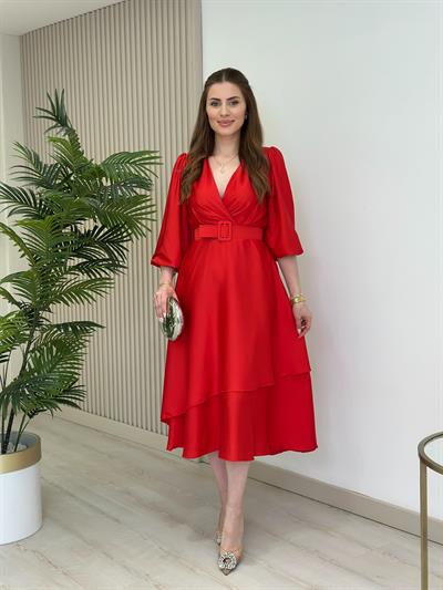 Milas Saten Kemerli Elbise Kırmızı