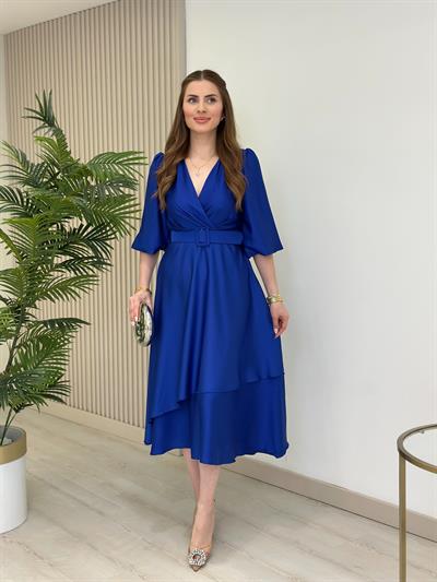 Milas Saten Kemerli Elbise Saks Mavi