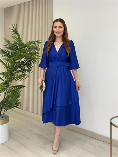 Milas Saten Kemerli Elbise Saks Mavi