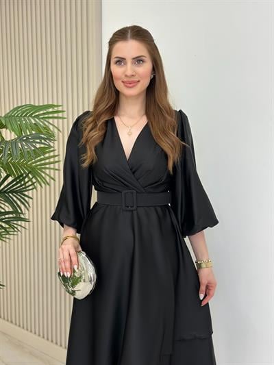 Milas Saten Kemerli Elbise Siyah