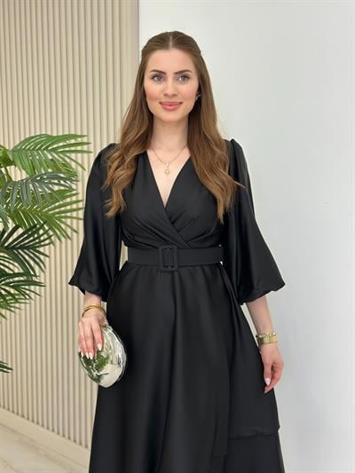 Milas Saten Kemerli Elbise Siyah