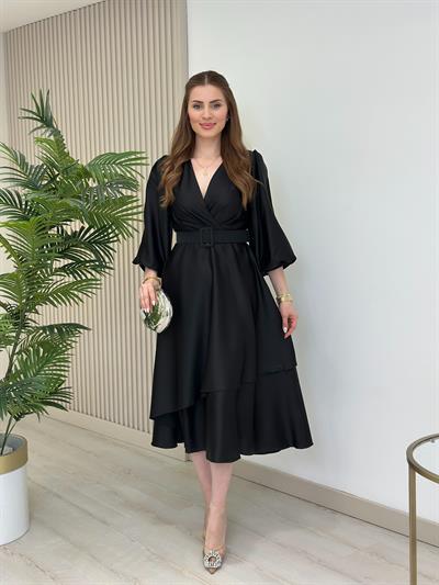 Milas Saten Kemerli Elbise Siyah