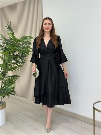 Milas Saten Kemerli Elbise Siyah