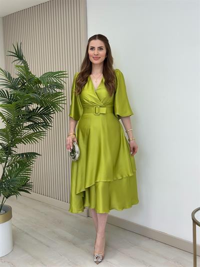 Milas Saten Kemerli Elbise Yağ Yeşili