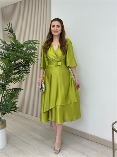 Milas Saten Kemerli Elbise Yağ Yeşili