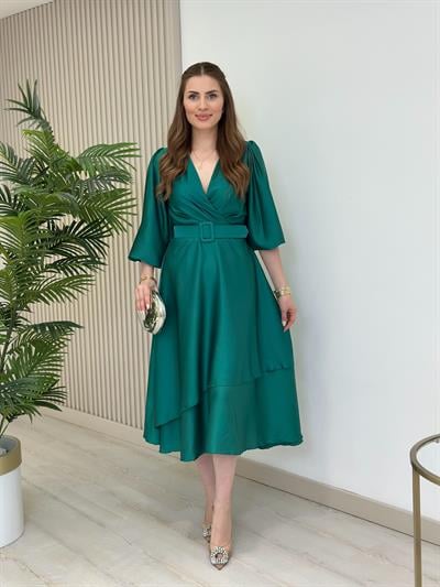 Milas Saten Kemerli Elbise Yeşil