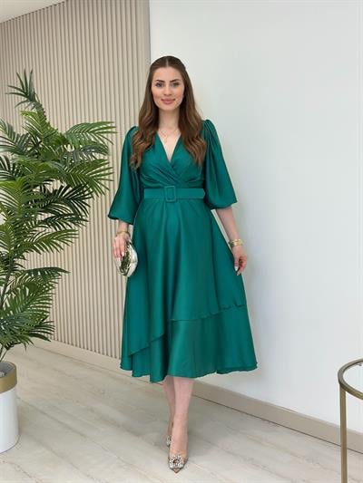 Milas Saten Kemerli Elbise Yeşil