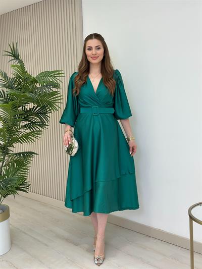 Milas Saten Kemerli Elbise Yeşil