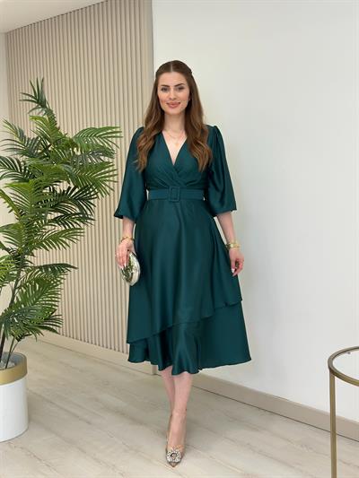 Milas Saten Kemerli Elbise Zümrüt