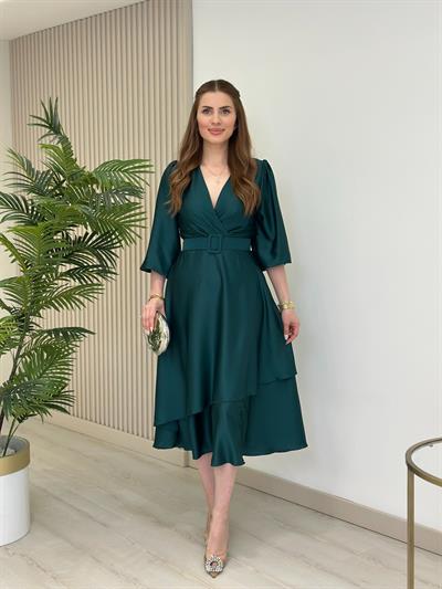Milas Saten Kemerli Elbise Zümrüt