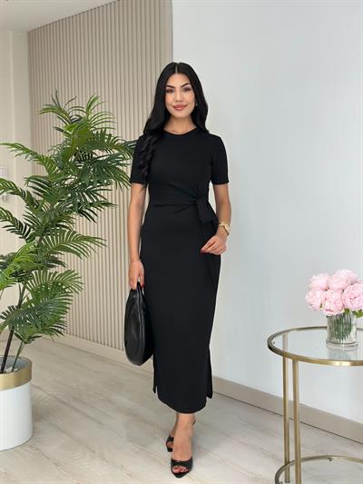 Modal Kumaş Bağlama Detay Yırtmaçlı Elbise Siyah