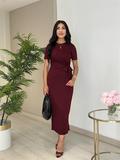 Modal Kumaş Bağlama Detay Yırtmaçlı Elbise Bordo