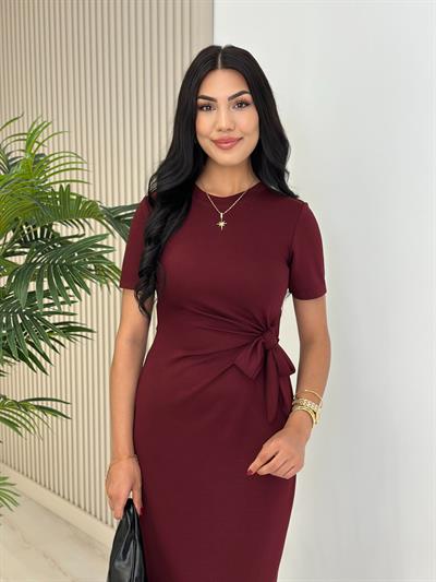 Modal Kumaş Bağlama Detay Yırtmaçlı Elbise Bordo