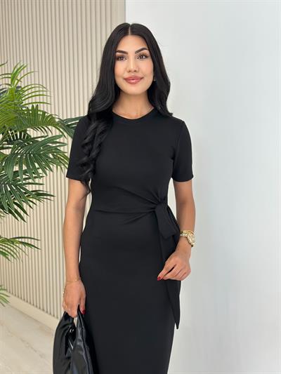 Modal Kumaş Bağlama Detay Yırtmaçlı Elbise Siyah