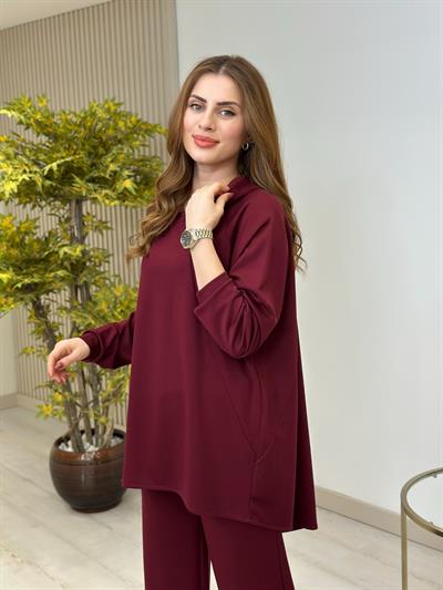 Modal Kumaş Geniş Kalıp Kapşonlu Takım Bordo