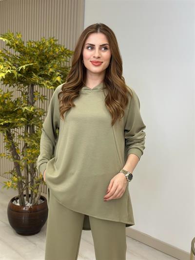 Modal Kumaş Geniş Kalıp Kapşonlu Takım Haki