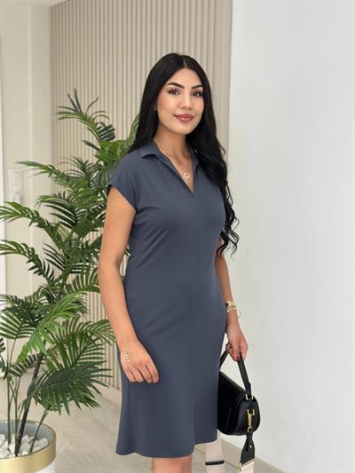 Modal Kumaş Gömlek Yaka Cepli Elbise Antrasit