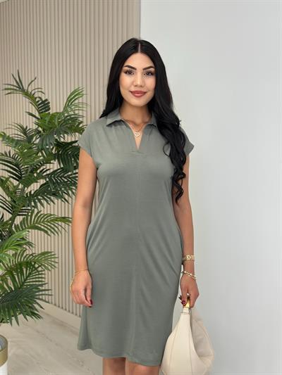 Modal Kumaş Gömlek Yaka Cepli Elbise Haki