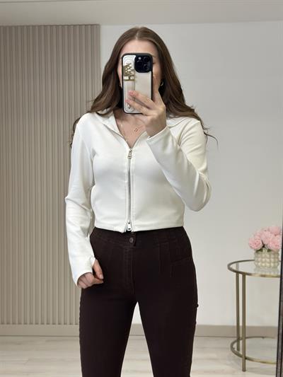 Modal Kumaş Kapşonlu Fermuarlı Bluz Beyaz