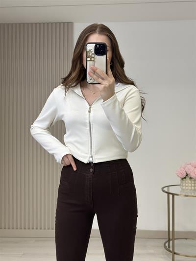 Modal Kumaş Kapşonlu Fermuarlı Bluz Beyaz