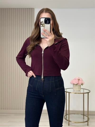 Modal Kumaş Kapşonlu Fermuarlı Bluz Bordo