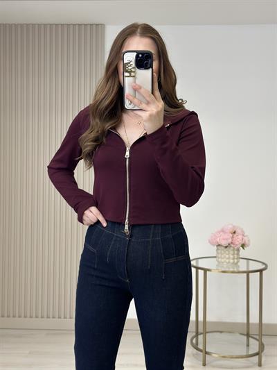 Modal Kumaş Kapşonlu Fermuarlı Bluz Bordo
