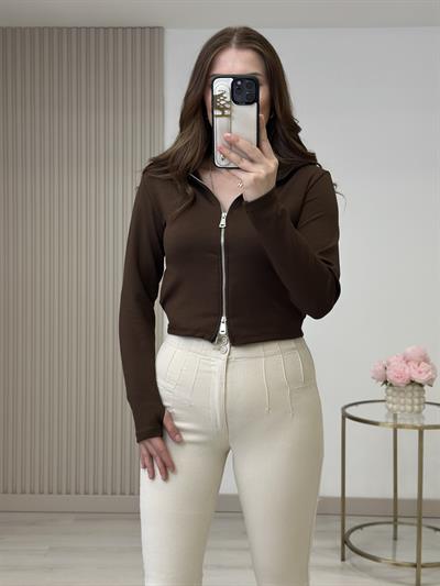 Modal Kumaş Kapşonlu Fermuarlı Bluz Kahve