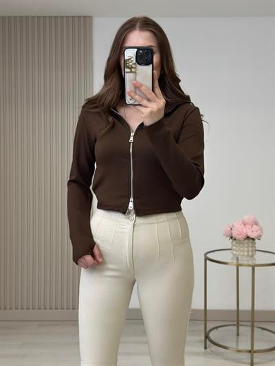 Modal Kumaş Kapşonlu Fermuarlı Bluz Kahve