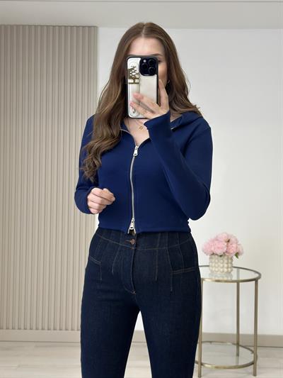 Modal Kumaş Kapşonlu Fermuarlı Bluz Lacivert